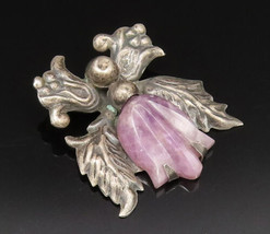 MEXICO 925 Silver - Vintage Antique Carved Amethyst Flower Brooch Pin - BP9814 - £64.45 GBP