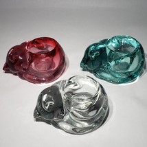 Lot of 3 VTG Indiana Glass Clear Pink Teal Blue Sleeping Cat Candle Holder - £34.33 GBP