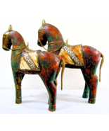 Vintage Pair Tall Solid Wood Carved Horses With Copper and Brass Accents - $7,464.16 MXN