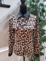 SHEIN Brown Animal Print  Faux Leather Collar &amp; Sleeve  Button Down Shirt Size 4 - £19.44 GBP