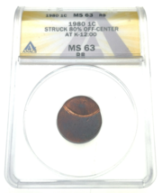 1980 1C Lincoln Centavo Error Struck 80% Off-Center K-12 :0 0 Anacs MS63RB - $2,879.10 MXN