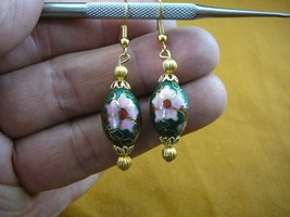 (EE603-26) Green with Pink flower CLOISONNE dangle oval gold tone EARRINGS - £20.50 GBP