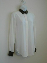 NWT CELINE Silk OffWhite Brown Collar Cuff Contrast Long Sleeve Blouse T... - £207.53 GBP