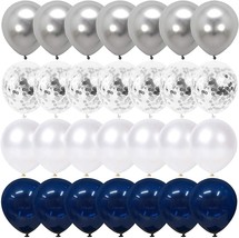 Navy Blue and Silver Confetti Balloons 50 pcs 12 inch White Pearl and Si... - £16.70 GBP