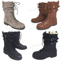 Womens Boots Ankle Fashion Faux Leather Strap Zipper Lace Up Buckle Comb... - £11.47 GBP