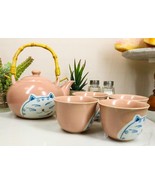 Ebros Auspicious Maneki Neko Lucky Fortune Cat Pink Ceramic Tea Set W/4 ... - $50.37 CAD