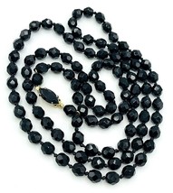 Vintage Hand Knotted Faceted Black Glass Bead Necklace 38&quot; - £23.35 GBP