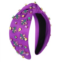 Mardi Gras Headband for Women Mask Fleur De Lis Knotted Headband Purple Green Go - £29.49 GBP