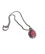 Roman Fashion Jewelry Silver Tone Necklace with Pink Gemstone Pendant Vtg - £18.47 GBP