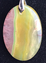 Pink Yellow Green Banded Stone Agate Pendant Necklace Choker 19 Inch - $12.95