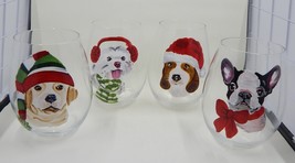 Pier 1 One Stemless Wine Glasses Holiday Christmas Dogs Hats Assorted Se... - $39.99