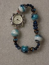 Blue/White Swirled Glass Beaded Geneva Quartz Women&#39;s Wrist Watch 9&quot; Handmade - £18.55 GBP