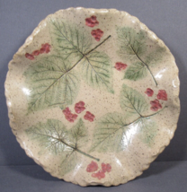 Studio Art Pottery Wavy Dish 8&quot; Tan Pressed Leaf &amp; Berries Pattern Signe... - $19.77