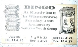 Vintage Bingo At Kaudy Hall In Winneconne Promo Card 1970s - $2.99