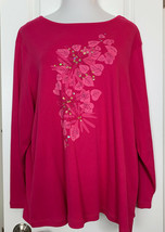 Just My Size JMS Top Henley Tee Shirt Pink Floral Sequin Long Sleeve Plus 22 24W - £12.01 GBP