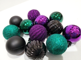 Halloween Glitter Plastic Tree Ornaments Black Purple Green  2&quot; Set of 12 - £13.44 GBP
