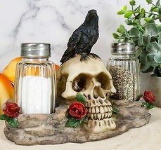 Ebros Day Of The Dead Raven Crow W/ Rose Skull Salt &amp; Pepper Shakers Holder Set - £20.03 GBP