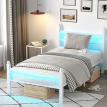 White, Heavy Duty Steel Slats Support Metal Bed Frame With Charging Stat... - $116.92