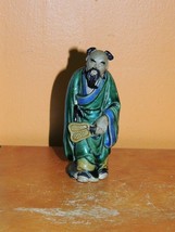 Chinese Mud Man Men Green Robe w Fan 4.25&quot; marked China Mudman repaired - $331.07 MXN