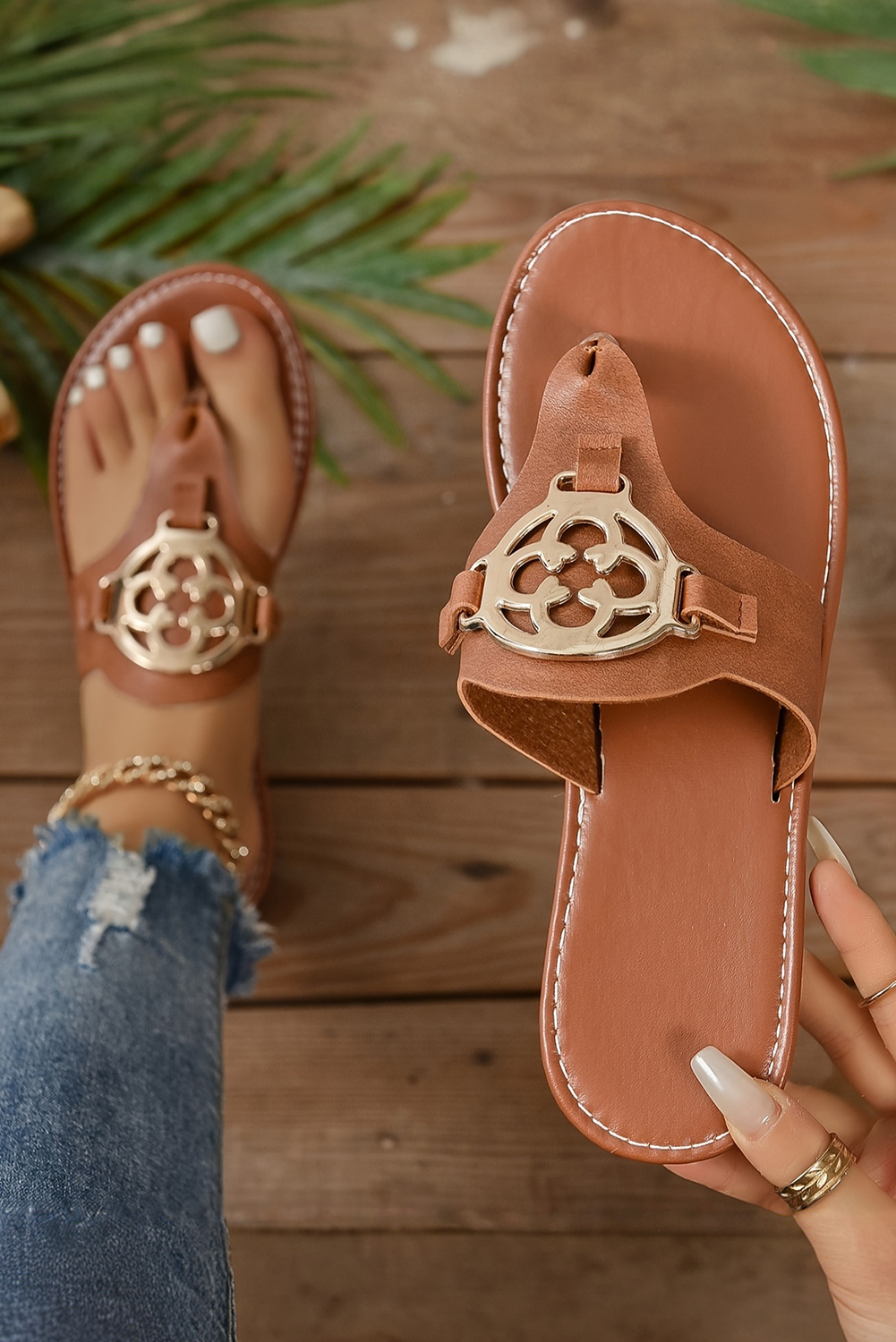 Chestnut Metal Decor Leather Thong Slippers Item image 2