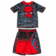 Spider-Man Face Logo with Camo Youth Swimshorts &amp; Rashguard Set Red - £29.55 GBP