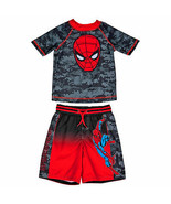 Spider-Man Face Logo with Camo Youth Swimshorts &amp; Rashguard Set Red - £29.21 GBP