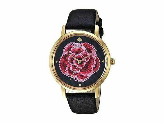 Primary image for New Kate Spade NY KSW1459 Metro Gold Embroidered Black Leather Women Watch