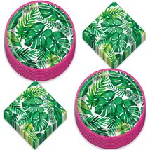 Luau Party Supplies - Tropical Palm Leaf &amp; Pink Trim Paper Dessert Plates and Na - £10.78 GBP