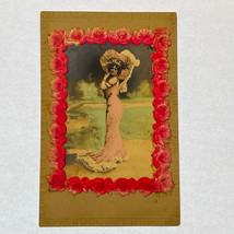 Vintage Antique Victorian Lady With Large Hat and Border of Roses Postcard  - £11.80 GBP
