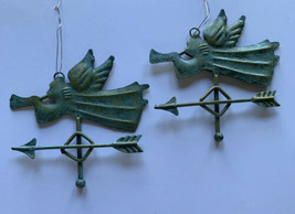 Pair Metal Angel With Trumpet Weathervane, Green Patina Christmas Ornaments - $9.85