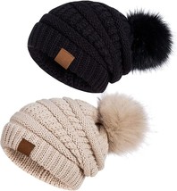 Beanies Women with Pom 2 Pack,Winter Hats for Women with Thick Warm Fleece Lined - £13.14 GBP