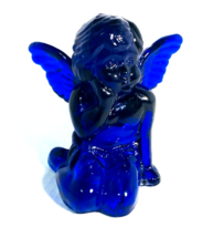 Vintage Cobalt Blue Glass Sitting Angel Cherub Taper Candle Holder 5&quot;x 5&quot;x 5&quot;. - £13.83 GBP