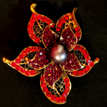 Broach Flower Red Rhinestones and faux pearl large 3&quot; - £23.20 GBP