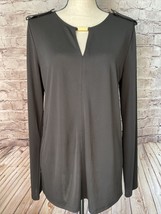 Ann Taylor Womens Sz L Black Long Sleeve Blouse Gold Bar Accent  Shoulde... - $177.53 MXN