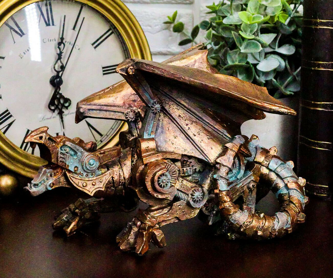 Ebros Roaring Steampunk Copper Skinned Robotic Cyborg Winged Dragon Figu... - $25.99