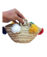  Primitive Handcrafted Moroccan Mini Straw Basket Decorated Coloured Wol... - £19.91 GBP