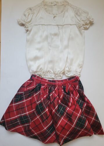 JANIE AND JACK Christmas Red Tartan Plaid Skirt Sz4 Ivory Blouse Sz5 Worn Once - $38.69