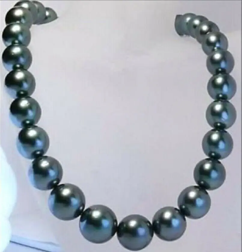 Aaaaa 11-12mm Real Natural Round Tahitian Black Pearl Necklace 14k Gold Clasp - £173.71 GBP