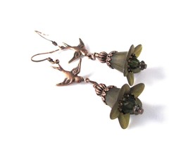 Lucite flower earrings ANTIQUE  Copper Finish with Swallows - £15.46 GBP