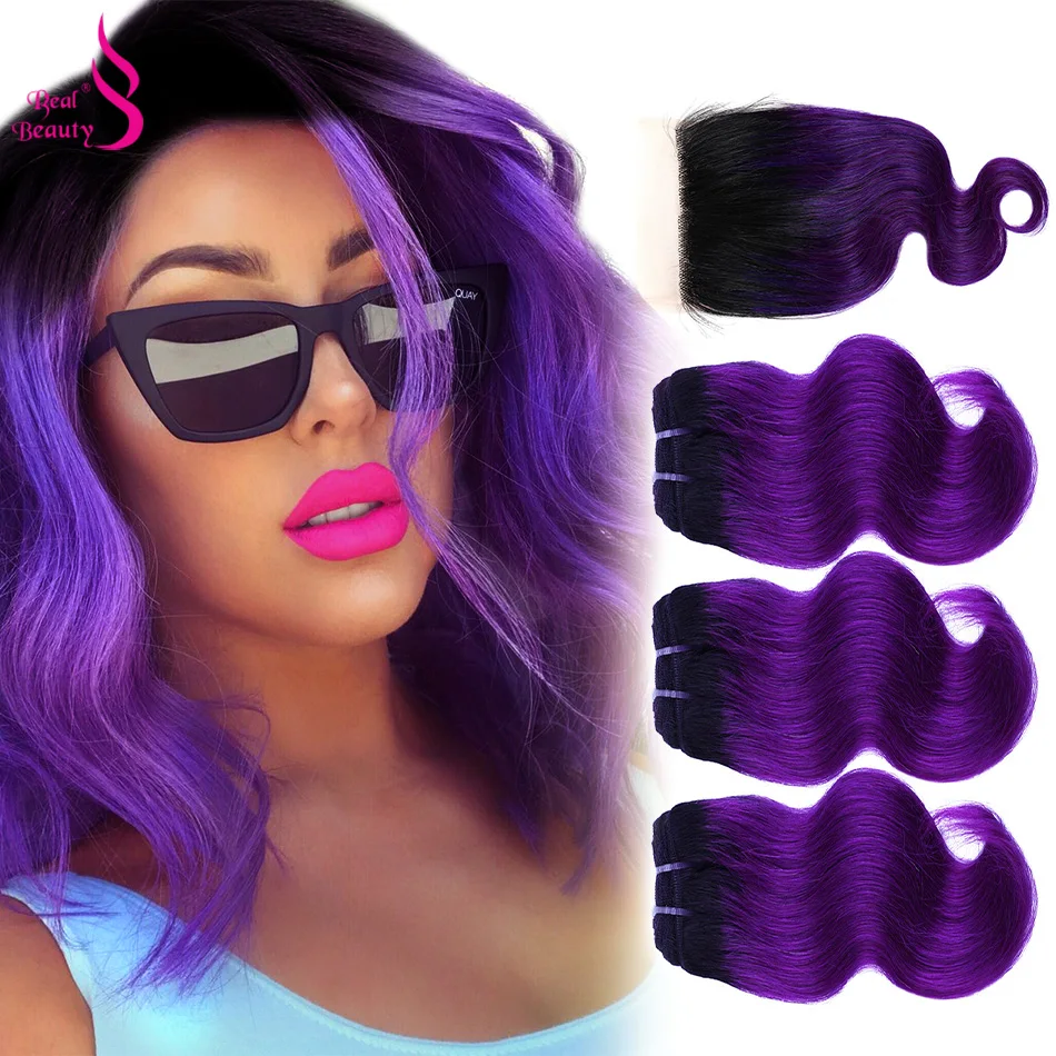 Real Beauty Ombre Brazilian Body Wave Bundles With Closure Colorful Two Tone - £55.75 GBP