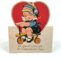 Vintage Valentine Card Cutout Stand Up Girl Riding Tricycle Bavaria UNSI... - $7.99