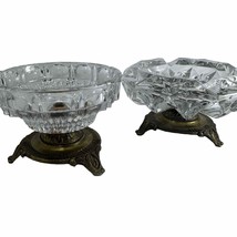 Vintage Crystal Glass Candy Dish Compote w/ Lid &amp; Ashtray Brass Pedestal Heavy - £79.30 GBP