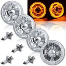 5-3/4&quot; Amber LED Halo Halogen Light Bulb Crystal Clear Headlight Angel Eye Set - £136.50 GBP