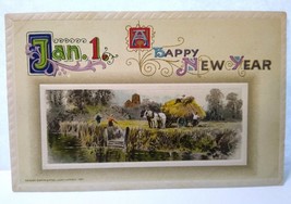 New Year Postcard Jan 1 John Winsch Horses Buggy Hay Stacks 1911 Germany Unused - £6.25 GBP