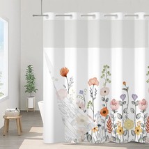 Floral Fabric Shower Curtain With Snap-In Liner Set Plant Flowers Hookless Ploye - $64.99