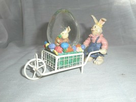 Easter Bunny &amp; Snow Water Globe AVON Mom Girl Bunny w Metal Garden Cart Baby - £9.70 GBP