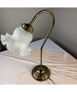 Vintage Art Nouveau Brass Gooseneck Tulip Desk Lamp Frosted Ruffled Shade - $46.75