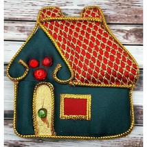 Country Cottage Refrigerator Magnet Christmas Green House Gold Trim - £6.75 GBP