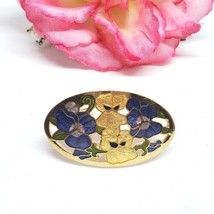 Vintage Fish Enterprise Gold Blue Pansy Flowers Cloisonne Enamel Pin Brooch - £15.41 GBP