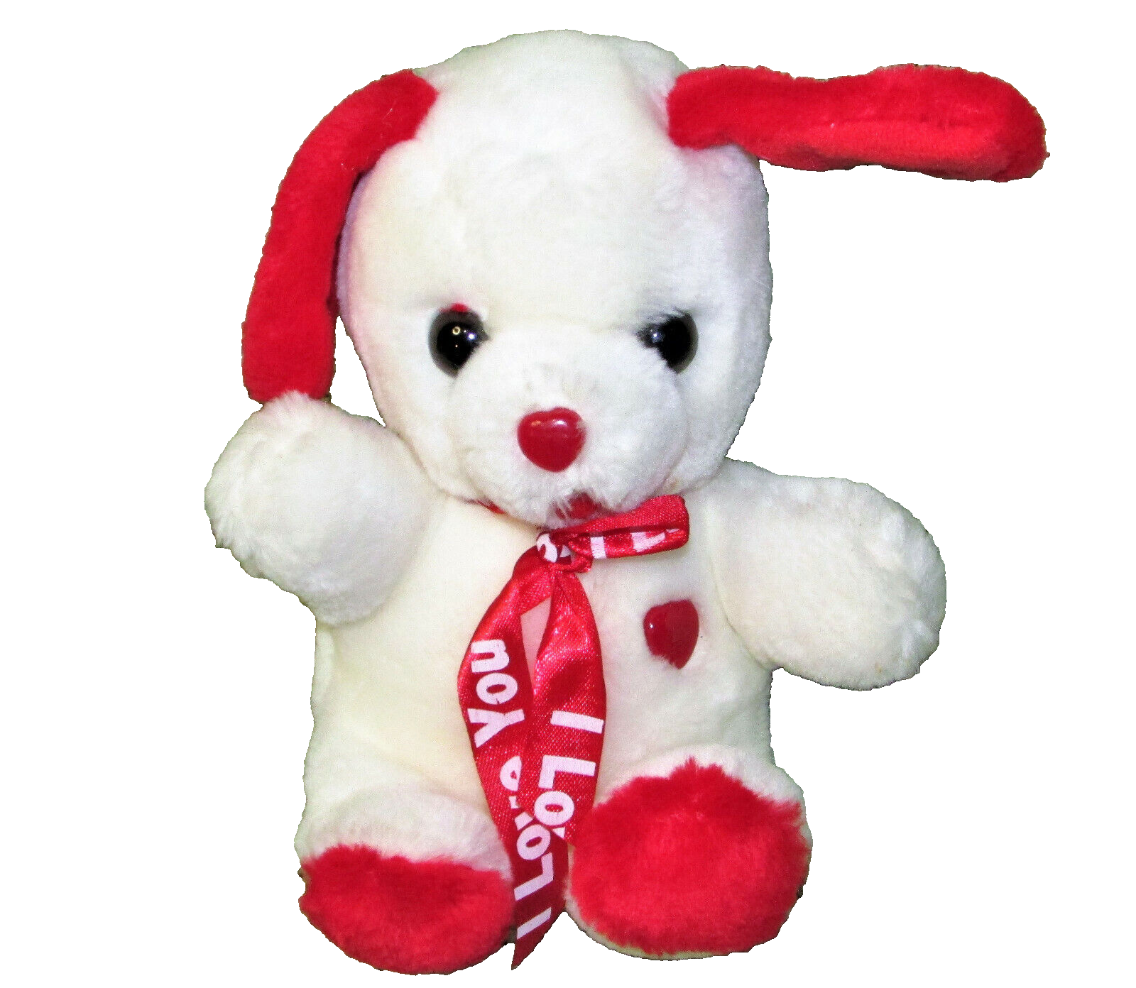 Primary image for VINTAGE WALMART VALENTINE PUPPY DOG WHITE RED STUFFED ANIMAL I LOVE YOU RIBBON